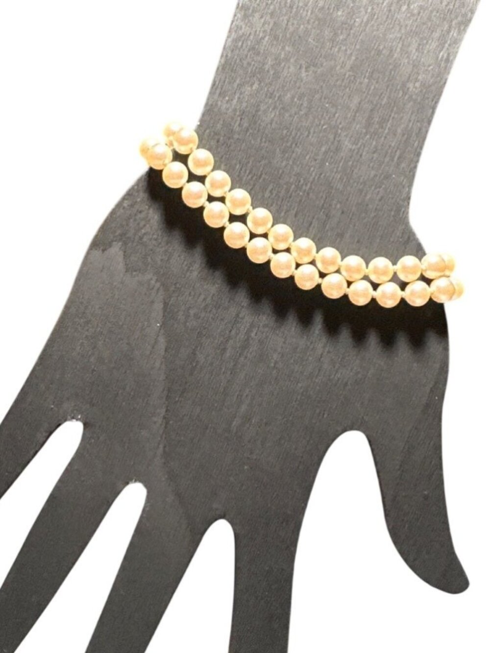 Vintage Faux Pearl Bracelet Double Strand Hand Knotted Ivory Cream Mid Century